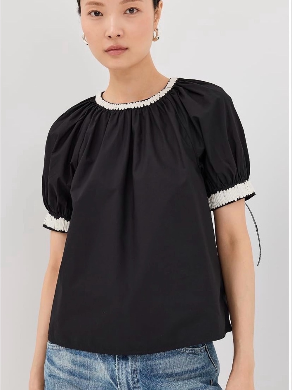 Ulla Johnson Amara Black Puff-Sleeve Blouse with White Trim